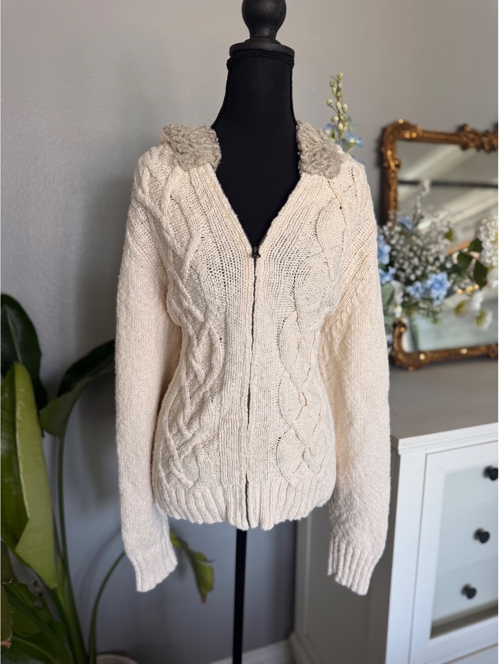 Y2K Cable Knit Zip Hoodie With Faux Fur - Cottagecore Sweater